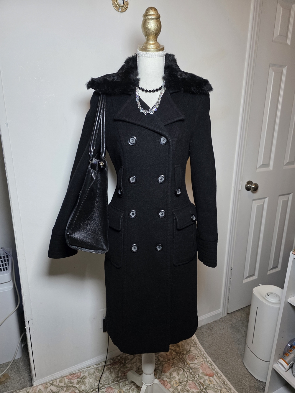 Vintage 90s Y2K Bebe Rabbit Fur  Collar Wool Double Breasted Pea Coat S